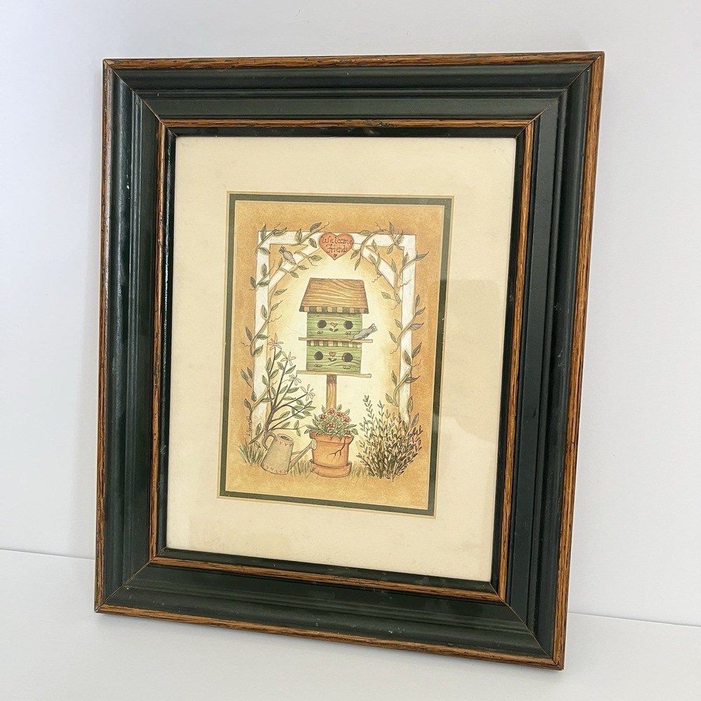90s Framed Welcome Friends Art green distressed cottagecore topiary 10x12 garden